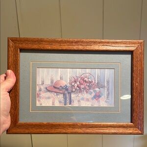 Framed Country Style Artwork with Hat and Flowers